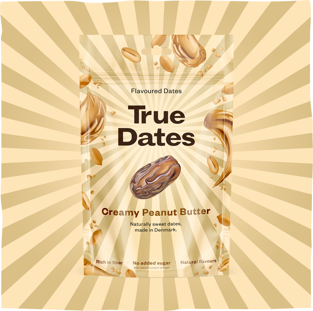True Dates Creamy Peanut Butter naturally sweet dates with flavour wrapped in home compostable packaging