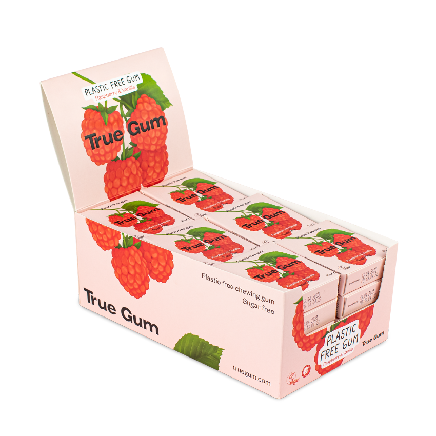 True Gum Raspberry and Vanilla Plastic-free, biogradable, vegan chewing gum 24-pack